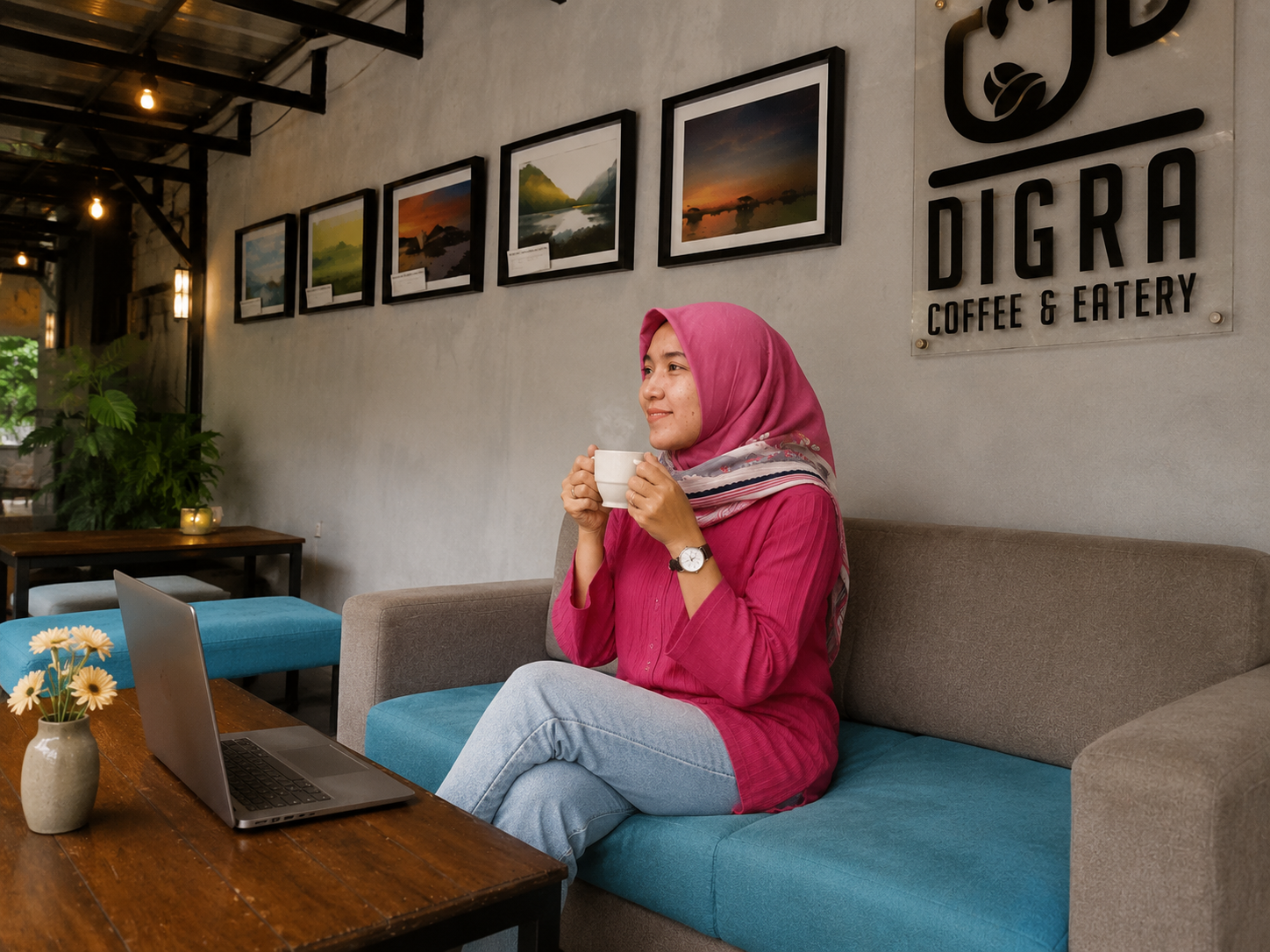 Secangkir kopi dan laptop di Digra Coffee & Eatery menjadi awal lahirnya ide, karya, dan mimpi yang tumbuh dari rutinitas sederhana setiap pagi. (Ist/tiktok:viechandh)